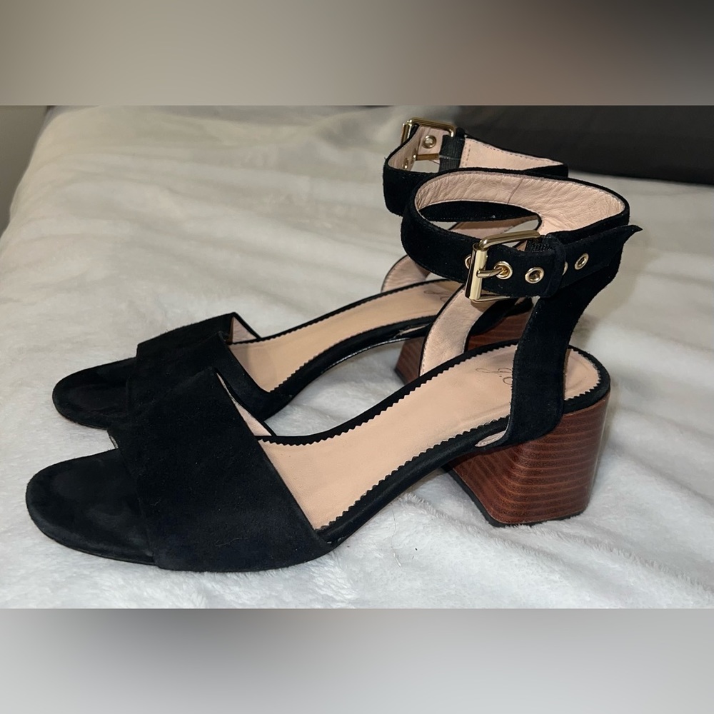 J-crew black suede block sandal with ankle strap